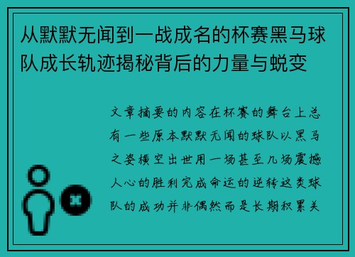 从默默无闻到一战成名的杯赛黑马球队成长轨迹揭秘背后的力量与蜕变