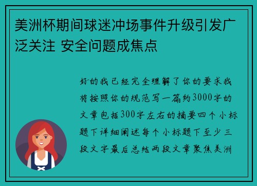 美洲杯期间球迷冲场事件升级引发广泛关注 安全问题成焦点