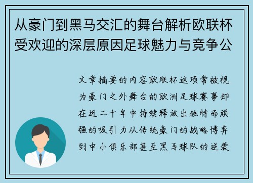 从豪门到黑马交汇的舞台解析欧联杯受欢迎的深层原因足球魅力与竞争公平性